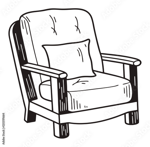 black and white drawing of an armchair with pillow, couch line art icon sign silhouette vector illustration on white background