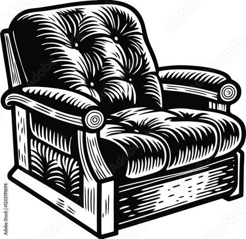 black and white drawing of an armchair, couch line art icon sign silhouette vector illustration on white background