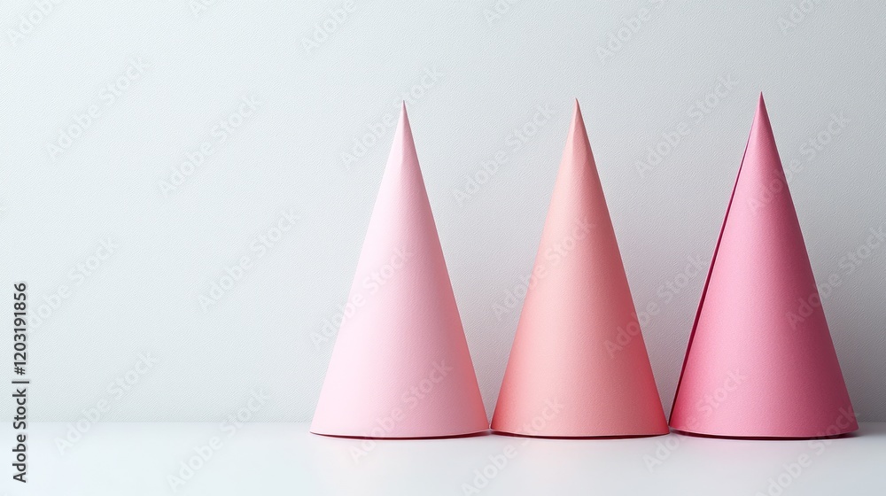Pink party hats on white background, celebration concept, festive minimal design, greeting card Pink party hats on white background, celebration concept, festive minimal design, greeting card