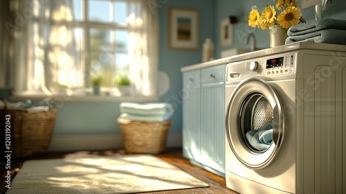 Laundry room with washer, clothes, sunny window, and cozy interior photo