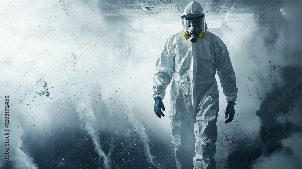 Fototapeta premium A professional in protective gear amidst fog, symbolizing thorough mold inspection and remediation.