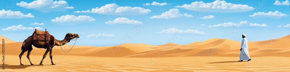 Desert Journey: A lone figure walks across the expansive Sahara desert, a laden camel patiently awaits nearby under a vast blue sky dotted with fluffy white clouds. Desert Journey: A lone figure walks across the expansive Sahara desert, a laden camel patiently awaits nearby under a vast blue sky dotted with fluffy white clouds.