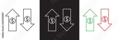 Money increase icon with arrow up symbol, dollar decrease icon .  profit and lose money vector icon.   isolated on white and black background. vector illustration. EPS 10