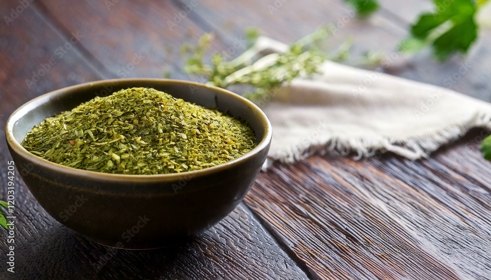 za'atar in a bowl, dining table background, copy space za'atar in a bowl, dining table background, copy space