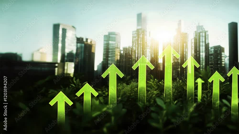 Green arrows pointing upwards with an urban skyline and tall buildings in the background highlight eco friendly growth and sustainability in green business initiatives Green arrows pointing upwards with an urban skyline and tall buildings in the background highlight eco friendly growth and sustainability in green business initiatives