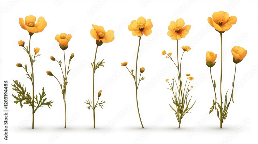 Fototapeta premium Yellow Wildflowers Collection on White Background for Nature Themes