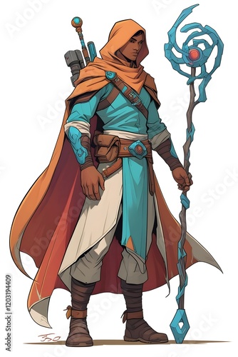 Fantasy mage in a blue hooded cloak, holding a glowing staff with mystical details, exuding magic and adventure in a medieval setting.