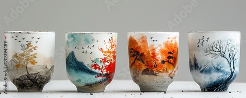 Design a captivating long shot showcasing cups that magically change color and pattern with the seasons Emphasize the transformation process to evoke awe and wonder