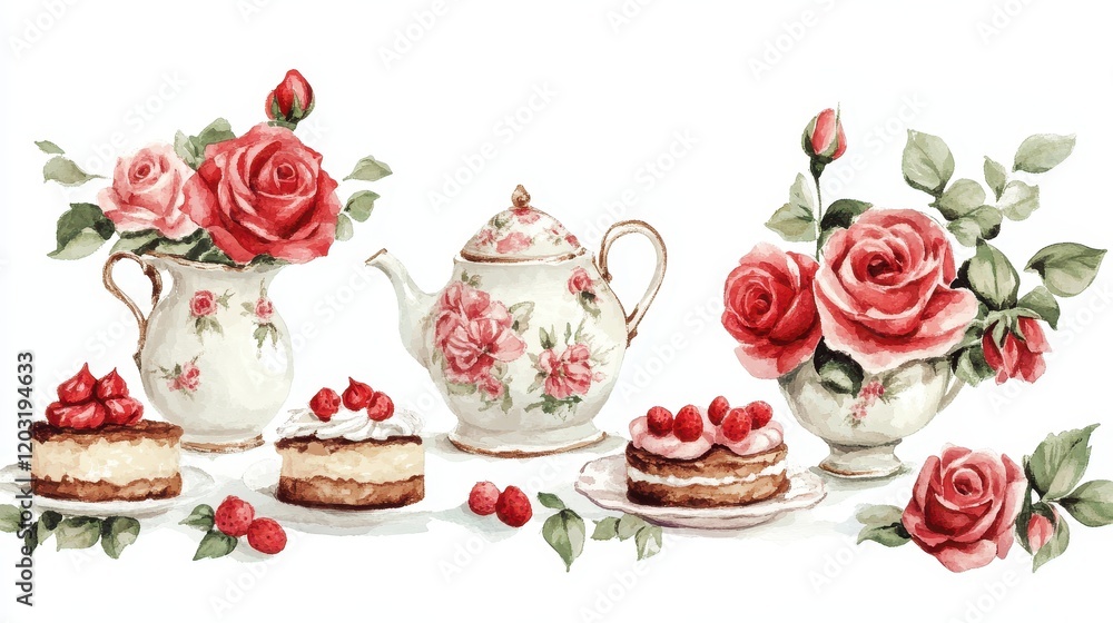Watercolor illustration of British afternoon tea,tea break in the English style,tea set with Afternoon tea stand with macaroons and scone,cake,cup of tea,Tea time dessert table,vintage style. Watercolor illustration of British afternoon tea,tea break in the English style,tea set with Afternoon tea stand with macaroons and scone,cake,cup of tea,Tea time dessert table,vintage style.