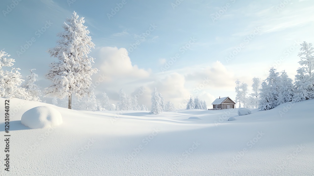 Fototapeta premium Serene winter landscape with a snow-covered field and a distant cozy cabin under a clear blue sky, surrounded by frost-tipped trees.
