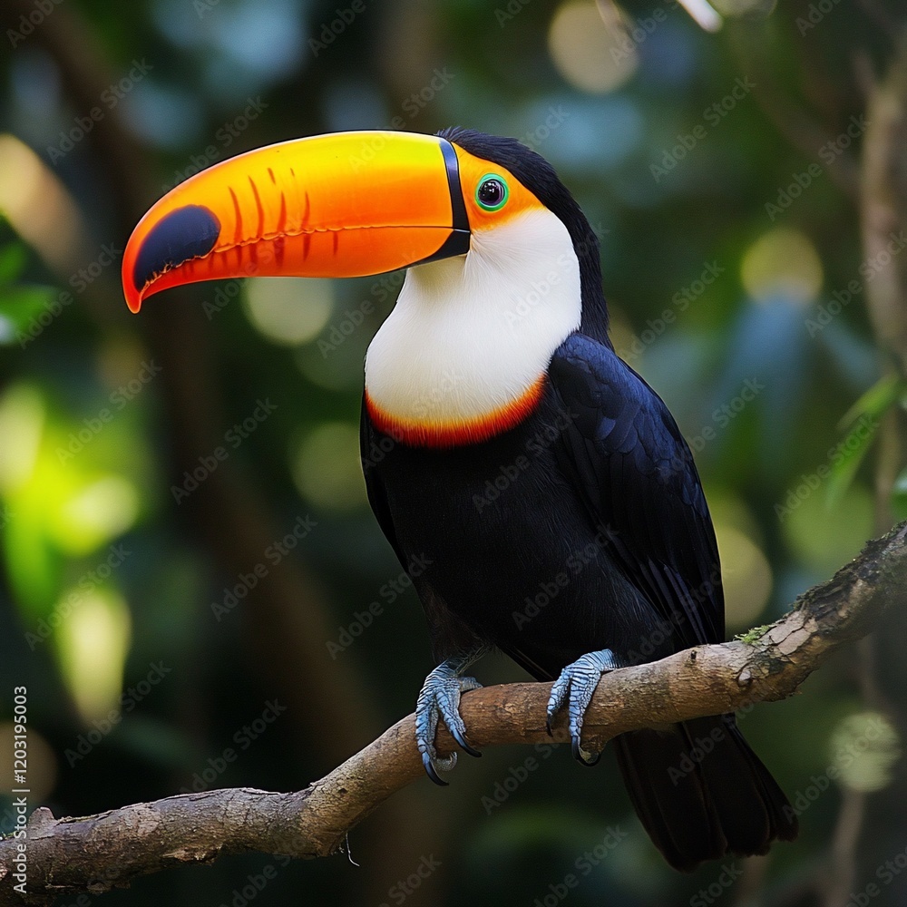 A vibrant toucan perched on a branch in a lush green forest. A vibrant toucan perched on a branch in a lush green forest.