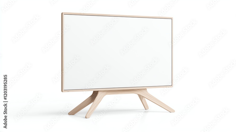 Minimalist wooden frame TV on stand, isolated on white background, showcasing modern design and elegance.