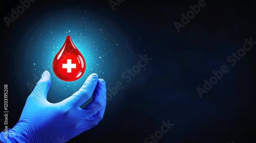 A hand in a blue medical glove holds a red drop with a cross symbol on a dark background, Highlights precision and care in blood donations and plasma donation efforts