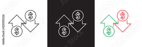 Money increase icon with arrow up symbol, dollar decrease icon .  profit and lose money vector icon.   isolated on white and black background. vector illustration. EPS 10