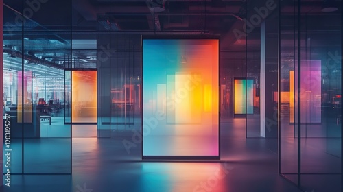 A modern office setting is shown with large transparent screens displaying colorful abstract art, creating a creative, innovative, and slightly futuristic workplace atmosphere