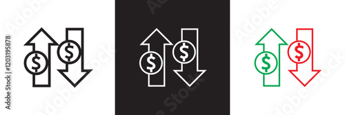 Money increase icon with arrow up symbol, dollar decrease icon .  profit and lose money vector icon.   isolated on white and black background. vector illustration. EPS 10