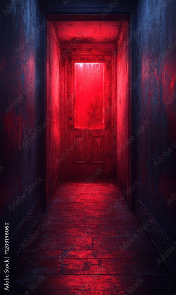 Mysterious red-lit corridor creates an eerie atmosphere at twilight Mysterious red-lit corridor creates an eerie atmosphere at twilight