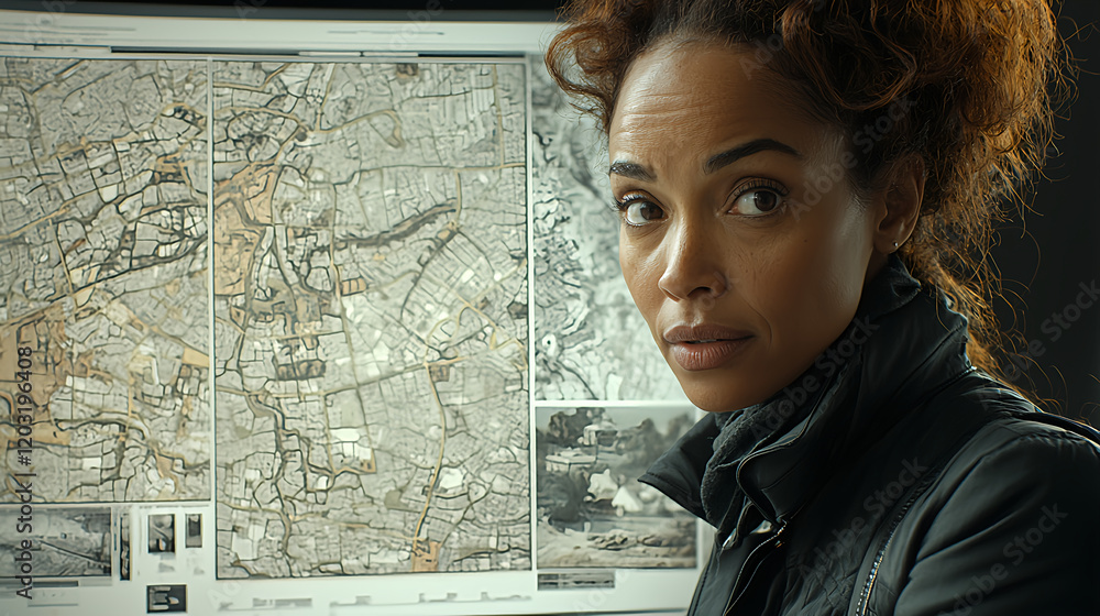 Intense woman analyzing strategic maps in a modern setting Intense woman analyzing strategic maps in a modern setting
