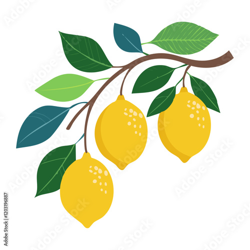 Lemons on a branch vector illustration flat. Image of a branch with yellow citrus fruits and leaves. For packaging and design.
