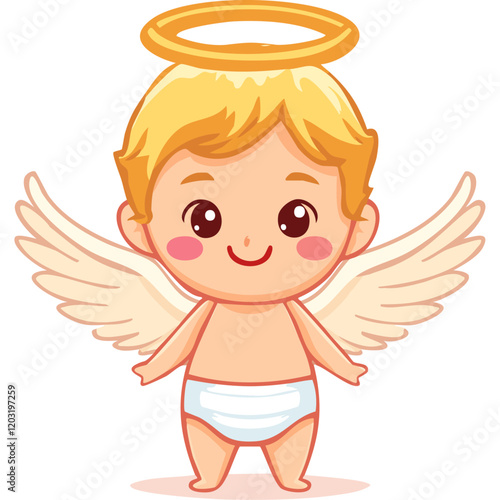 Cute little angel vector illustration in cartoon style. Baby with wings and halo charming character for christening and angel day celebration.