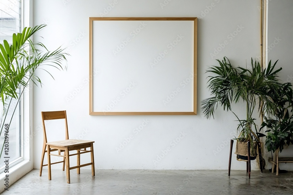 Minimalist interior with empty frame, chair, plants. Minimalist interior with empty frame, chair, plants.