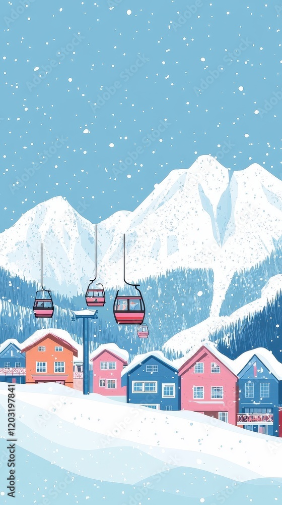 Fototapeta premium Colorful ski cabin lift for mountain skiers and snowboarders moves in the air on a cableway,ski resort with snowy hill,Skiing and snowboarding,Active vacation weekend,Winter holiday. 