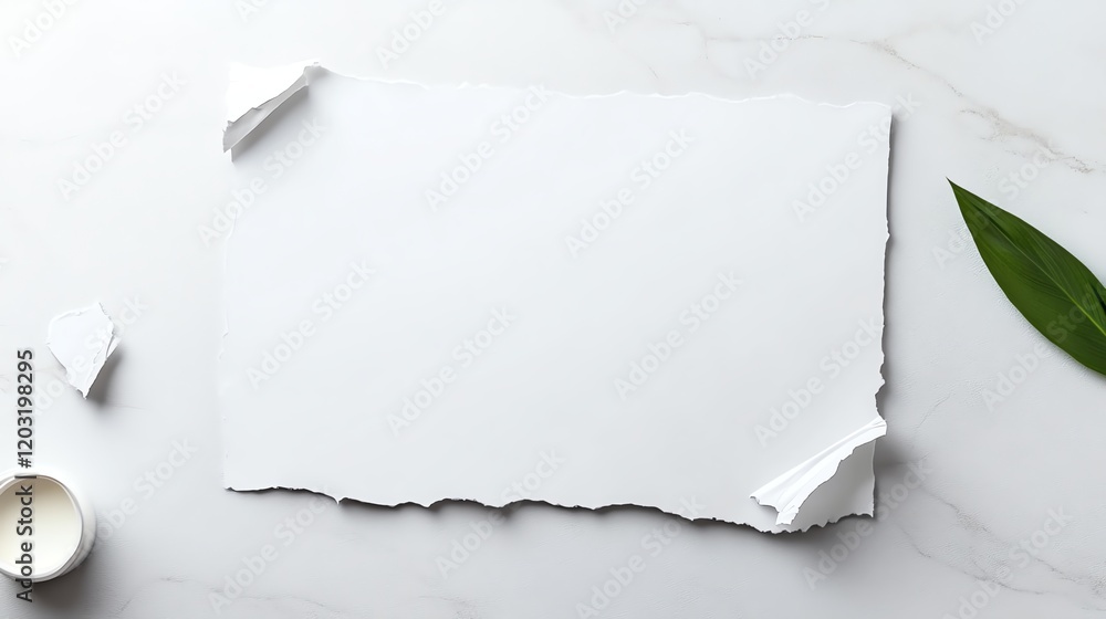Fototapeta premium Torn white paper on marble with green leaf, ideal for background or mockup design, evokes simplicity and minimalism.