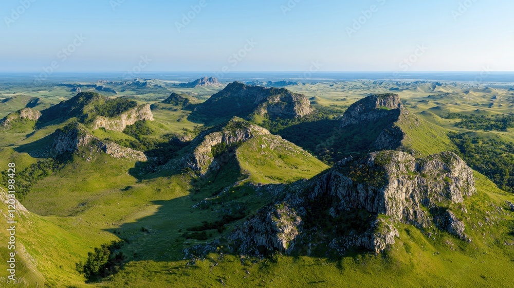 Aerial View of Rocky Hills and Grassland