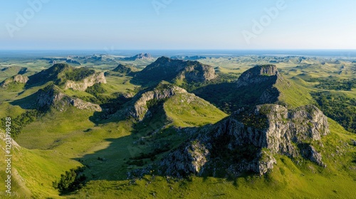 Aerial View of Rocky Hills and Grassland