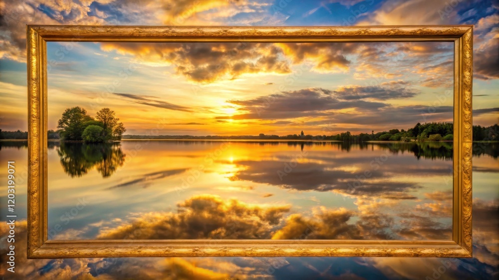 A serene landscape with a warm golden horizontal frame surrounding a tranquil lake at sunset, serene, reflection, serene A serene landscape with a warm golden horizontal frame surrounding a tranquil lake at sunset, serene, reflection, serene