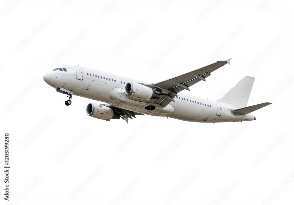A modern commercial airplane in mid-flight with clean white exterior and visible windows isolated on white background A modern commercial airplane in mid-flight with clean white exterior and visible windows isolated on white background
