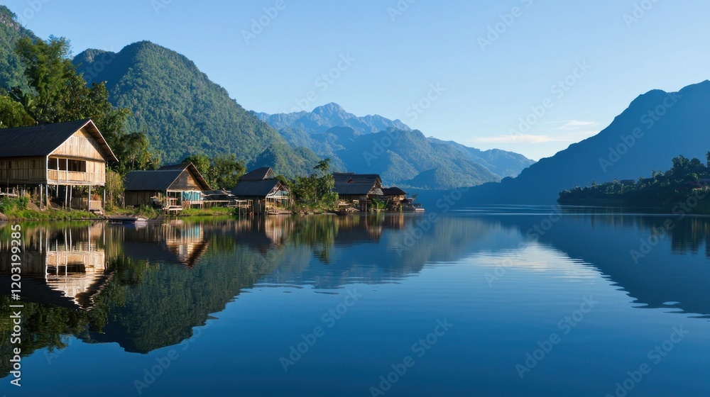 Peaceful Lake Village nestled in Mountains Peaceful Lake Village nestled in Mountains