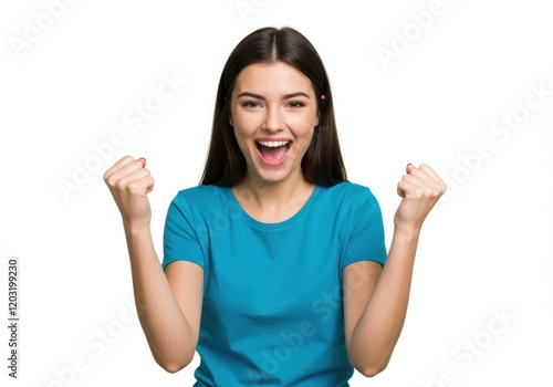 Wallpaper Mural A joyful young woman wearing a blue T-shirt, raising her fists in celebration with an expressive and energetic pose isolated on white background Torontodigital.ca
