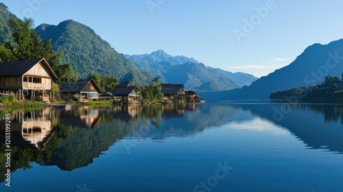 Peaceful Lake Village nestled in Mountains