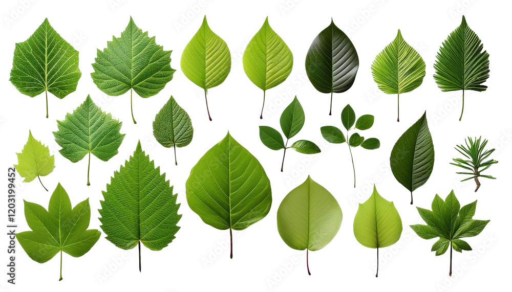 Set de distintos tipos de hojas verdes de árbol sin fondo, hojas de árbol en un fondo transparente Set de distintos tipos de hojas verdes de árbol sin fondo, hojas de árbol en un fondo transparente