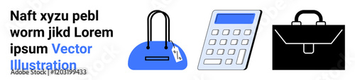 Handbag, electronic calculator, and briefcase representing personal belongings, financial calculations, and business essentials. Ideal for business, finance, marketing, shopping organization