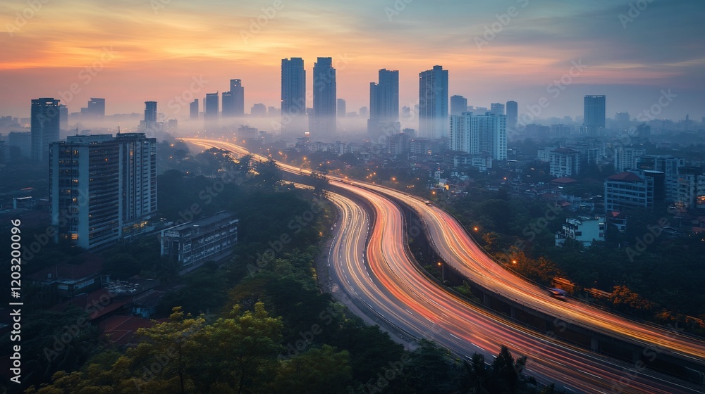 Sunrise over city highway with light trails and fog. Sunrise over city highway with light trails and fog.