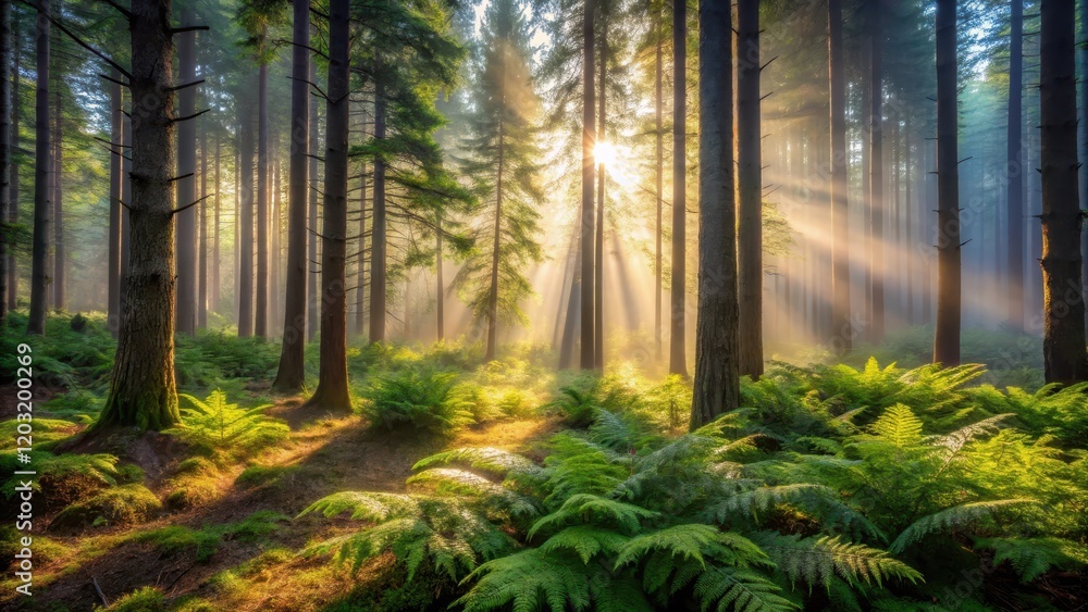 Obraz premium A mist-shrouded fir forest glows with an ethereal light in the fading sunlight, casting dappled shadows on the forest floor and revealing hidden ferns, serene, nature