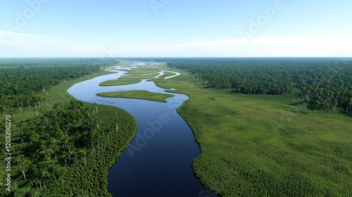 Aerial view of a lush jungle river
