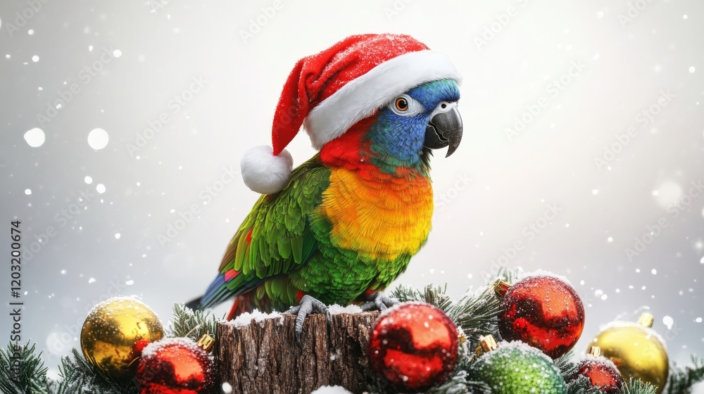 Fototapeta premium Cute parrot wearing Santa hat on tree stump with Christmas decorations