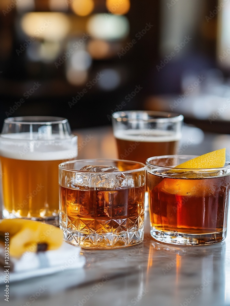 Golden hour illuminates refreshing craft beers and cocktails arranged on marble. AI Generated Golden hour illuminates refreshing craft beers and cocktails arranged on marble. AI Generated