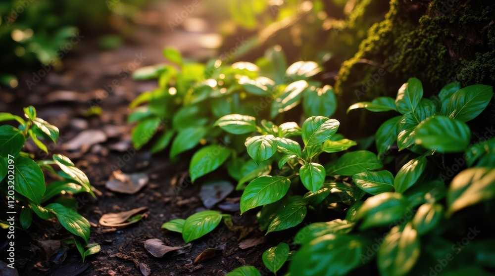 A Serene Evening Amidst Lush Greenery and Soft Sunlight Lighting a Forest Floor A Serene Evening Amidst Lush Greenery and Soft Sunlight Lighting a Forest Floor