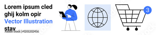 Person using tablet, globe icon, shopping cart with notification badge. Ideal for e-commerce, online shopping, digital marketing, global business, technology, internet services, mobile apps. Landing