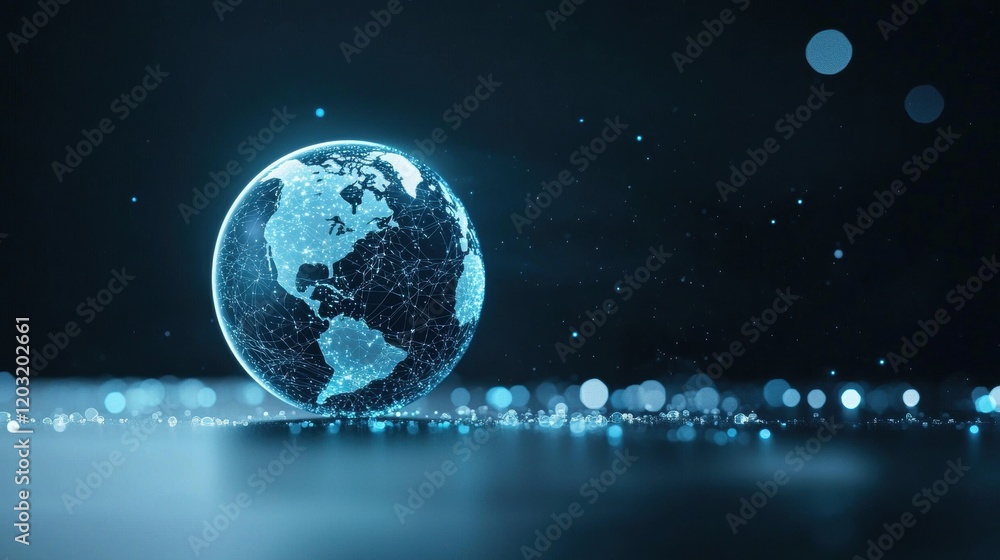 Fototapeta premium Data Visualization and Analytics Futuristic interface with holographic projections of data and analytics related to the globe, showcasing advanced data visualization technology.