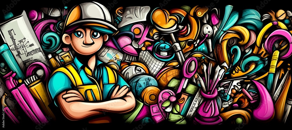 Cartoon illustration of a worker surrounded by tools and equipment. Cartoon illustration of a worker surrounded by tools and equipment.
