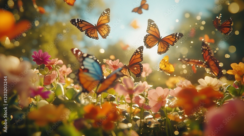 Monarch butterflies flutter above vibrant wildflowers in sunlight. Monarch butterflies flutter above vibrant wildflowers in sunlight.