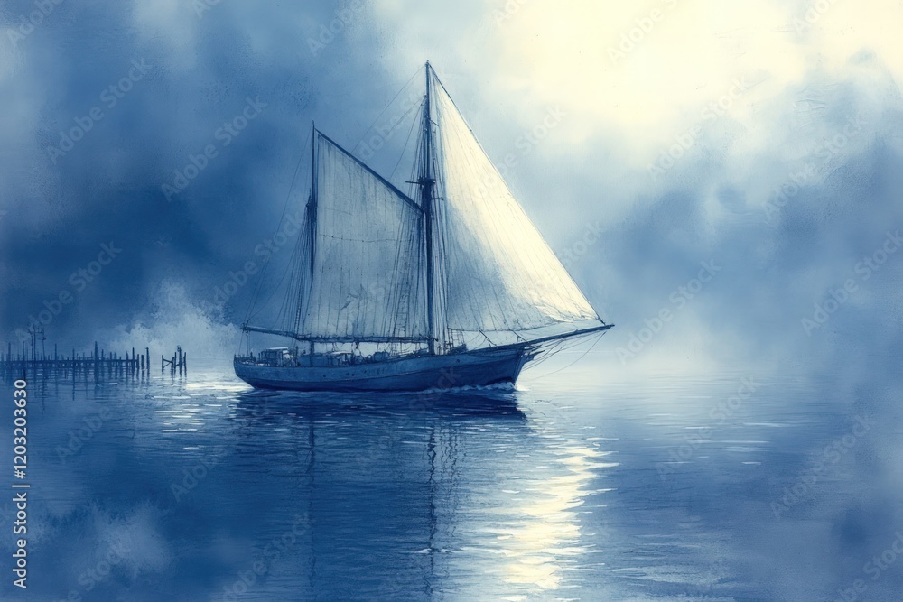 Fototapeta premium Sailboat glides, serene blue waters, misty sky.