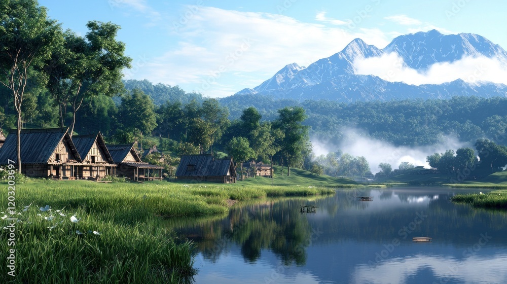 Naklejka premium Serene Village by the Lake