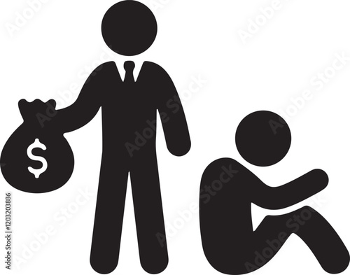 An illustration of a stickman wearing a tie, holding a bag, and giving money to a beggar