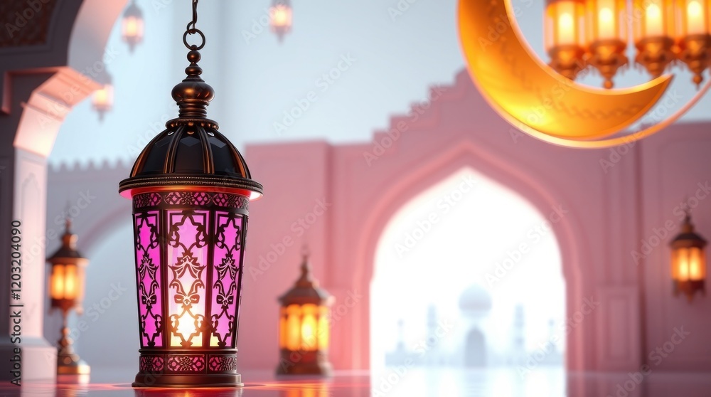 Obraz premium Ethereal Ramadan background 3D modern Islamic art depicting an ornamental Arabic lantern, metal moon, and mosque portal. Vibrant complimentary colors 
